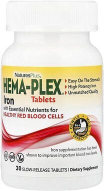 NaturesPlus, Hema-Plex®, Eisen mit essenziellen Nährstoffen für gesunde rote Blutkörperchen, 30 Tabletten mit langsamer ...