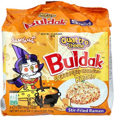 Buldak, Buldak™, angebratene Ramen, würziges Hühnchen, Quattro-Käse, 5 Packungen, je 145 g (5,11 oz.).