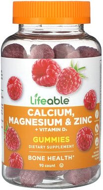 Lifeable, Calcium, Magnesium und Zink + Vitamin-D3-Fruchtgummis, natürliche Himbeere, 90 Fruchtgummis