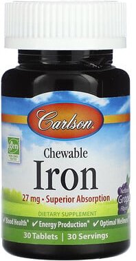 Thumbnail - Carlson, Chewable Iron, kaubares Eisen, natürlicher Traubengeschmack, 27 mg, 30 Tabletten