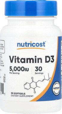 Nutricost, Vitamin D3, 125 mcg (5.000 IU), 30 Weichkapseln