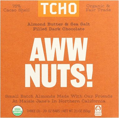 TCHO, Aww Nuts!, mit Mandelbutter und Meersalz gefüllte dunkle Schokolade, 75% Kakaoschale, 3 Riegel, je 0,70 oz
