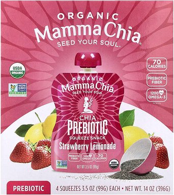 Mamma Chia, Bio-Chia präbiotischer Quetschbeutel-Snack, Erdbeerlimonade, 4er-Pack, je 99 g (3,5 oz.)