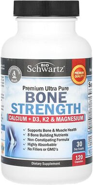 BioSchwartz, Bone Strength, Calcium + D3, K2 und Magnesium, 120 Kapseln