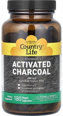 Country Life, Activated Charcoal, Coconut, Aktivkohle, Kokosnuss, 180 vegane Kapseln (260 mg pro Kapsel)