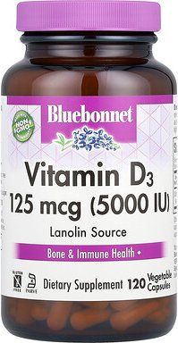 Bluebonnet Nutrition, Vitamin D3, 125 mcg (5.000 IU), 120 pflanzliche Kapseln