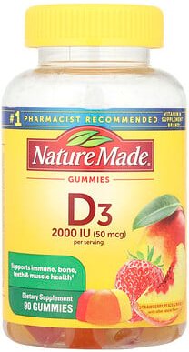 Nature Made, Vitamin D3 Gummies, Fruchtgummis mit Vitamin D3, Erdbeere, Pfirsich und Mango, 90 Fruchtgummis, (25 mcg (1....