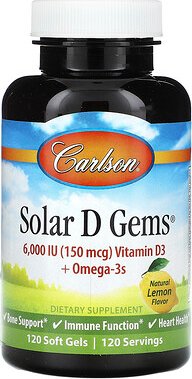 Carlson, Solar D Gems®, Vitamin D3 + Omega-3s, natürliche Zitrone, 120 Weichkapseln