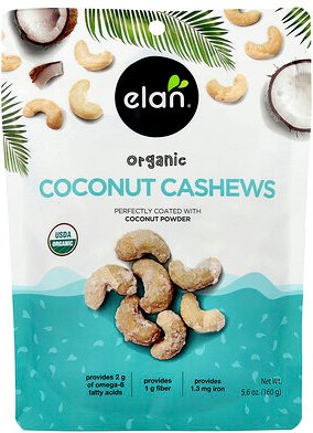 Elan, Organic Coconut Cashews, Bio-Kokosnuss-Cashewkerne, 160 g (5,6 oz.)
