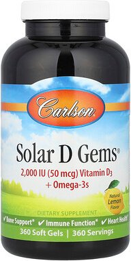 Carlson, Solar D Gems, Vitamin D3 + Omega-3, natürliche Zitrone, 360 Weichkapseln