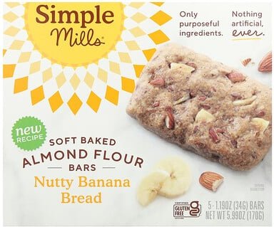 Simple Mills, Weiche gebackene Mandelmehlriegel, nussiges Bananenbrot, 5 Riegel, je 34 g (1,19 oz.)