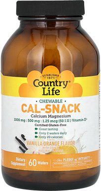 Country Life, Cal-Snack, Calcium-Magnesium-Kautabletten, Vanille-Orange, 60 Waffeln