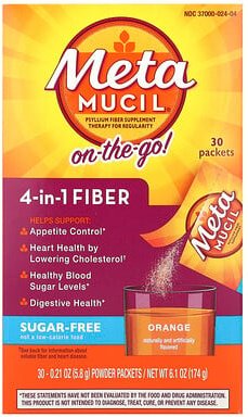 Metamucil, On-The-Go, 4-in-1 Fiber, 4-in-1-Ballaststoffe, Orange, zuckerfrei, 30 Pulverpäckchen je 5,8 g (0,21 oz.).
