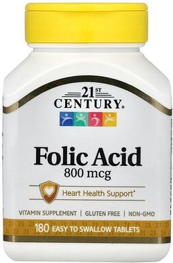 21st Century, Folsäure, 800 mcg, 180 einfach zu schluckende Tabletten