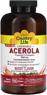 Country Life, Acerola zum Kauen, Vitamin-C-Komplex, Beere, 500 mg, 180 Waffeln