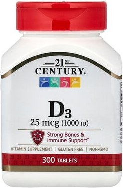 21st Century, Vitamin D3, 25 mcg (1.000 IU), 300 Tabletten