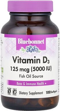 Thumbnail - Bluebonnet Nutrition, Vitamin D3, 125 mcg (5.000 IU), 100 Weichkapseln
