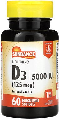 Sundance Vitamins, D3, hochwirksam, 125 mcg (5.000 IU), 60 Weichkapseln mit schneller Freisetzung