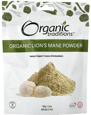 Organic Traditions, Organic Lion's Mane Powder, Bio-Löwenmähnepulver, 100 g (3,5 oz.)