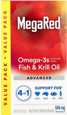 Schiff, MegaRed, Omega-3-Fisch- und Krillöl, Advanced 4in1, Vanille, 500 mg, 80 Weichkapseln