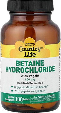 Country Life, Betainhydrochlorid mit Pepsin, 600 mg, 100 Tabletten