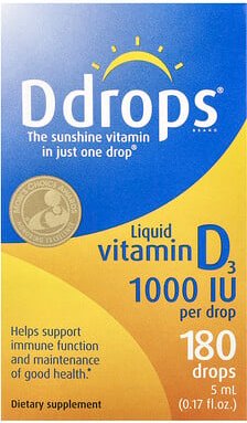 Ddrops, Liquid Vitamin D3, flüssiges Vitamin D3, 1.000 IU, 5 ml (0,17 fl. oz.)