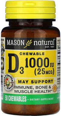 Mason Natural, Vitamin D3, Pfirsich und Vanille, 25 mcg (1.000 IU), 50 Kautabletten