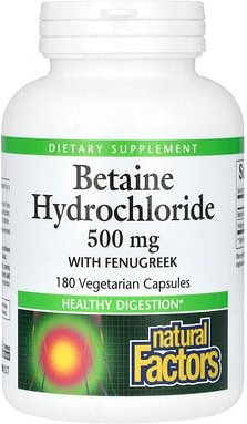 Natural Factors, Betaine Hydrochloride with Fenugreek, Betain-Hydrochlorid mit Fenugreek, 500 mg, 180 pflanzliche Kapsel...