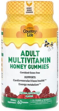 Country Life, Adult Multivitamin Honey Gummies, Multivitamin-Honig-Fruchtgummis für Erwachsene, natürliche Himbeere, 60 ...
