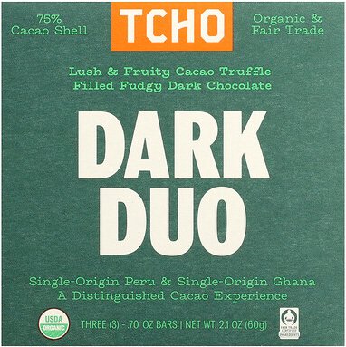 TCHO, Dark Duo, mit Kakao-Trüffel gefüllte dunkle Schokolade, 75% Kakaoschale, 3 Riegel, je 0,70 oz