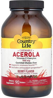 Country Life, Chewable Acerola, Acerola-Kautablette, Vitamin-C-Komplex, Beere, 500 mg, 90 Waffeln