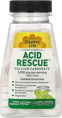 Country Life, Acid Rescue, Calciumcarbonat, Minze, 60 Kautabletten