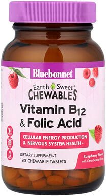 Bluebonnet Nutrition, EarthSweet Chewables, Vitamin B12 & Folsäure, natürlicher Himbeergeschmack, 180 Kautabletten