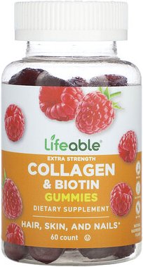 Lifeable, Collagen & Biotin Gummies, Kollagen- und Biotin-Fruchtgummis, natürliche Himbeere, 60 Fruchtgummis