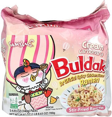 Buldak, Buldak™, angebratene Ramen, würziges Hühnchen, Creme-Carbonara, 5 Packungen, je 140 g (4,93 oz.).