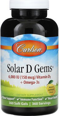 Carlson, Solar D Gems®, Vitamin D3 + Omega-3-Fettsäuren, natürliche Zitrone, 360 Weichkapseln