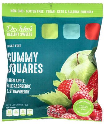 Dr. John's Healthy Sweets, Gummy Squares, Gummy Squares, zuckerfrei, grüner Apfel, blaue Himbeere und Erdbeere, 50 g (1,...