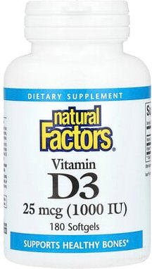 Natural Factors, Vitamin D3, 25 mcg (1.000 IU), 180 Weichkapseln