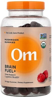 Om Mushrooms, Brain Fuel+, Mushroom Gummies, Pilzgummis, Himbeere, 56 vegane Fruchtgummis