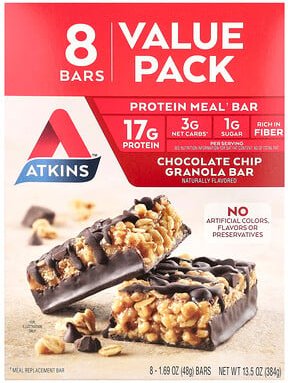 Atkins, Protein Meal Bar, Protein-Mahlzeitriegel, Knuspermüsli mit Schokoladenstückchen, 8 Riegel, je 48 g (1,69 oz.).