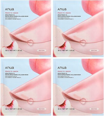 Anua, Peach 70 Niacin Brightening Collagen Beauty Mask, aufhellende Kollagen-Maske, 4 Tuchmasken, je 38 g (1,34 oz.)