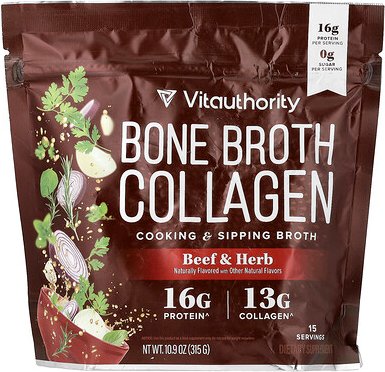 Vitauthority, Bone Broth Collagen, Cooking & Sipping Broth, Knochenbrühe, Kollagen, Rindfleisch und Kräuter, 315 g (10,9...