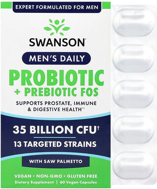 Swanson, Men‘s Daily, Probiotika + Präbiotika FOS mit Sägepalmenbeere, 35 Milliarden KBE, 60 vegane Kapseln