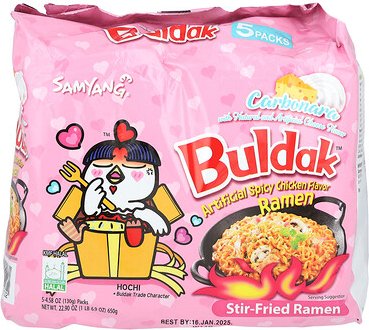 Buldak, Buldak™, gebratene Ramen, würziges Hühnchen, Carbonara, 5 Packungen, je 130 g (4,58 oz.).