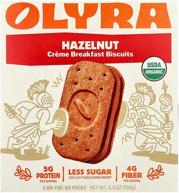 Olyra, Creme Breakfast Biscuits, Haselnuss, 4 On-The-Go-Packs, je 37,5 g (1,32 oz.).