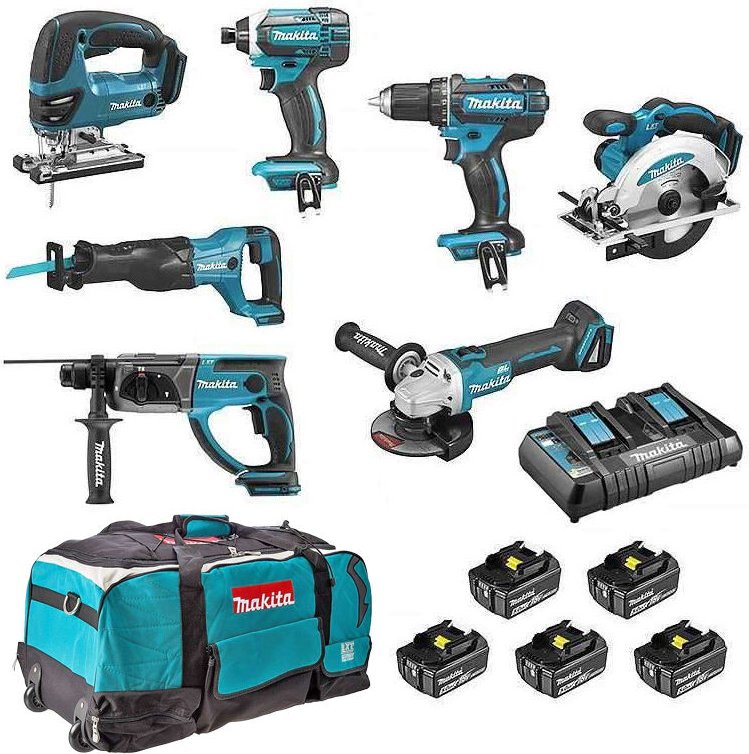 Satz von 7 MAKITA-Maschinen Bohrer DDF482 + Schraubendreher DTD152 + Schleifer DGA504 + Säge DSS610 + Perfo DHR202 + Säg...
