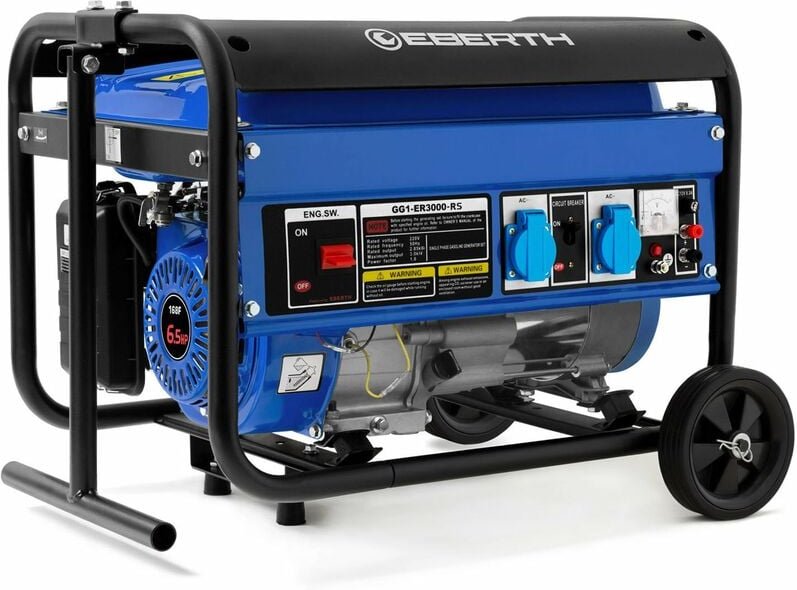3000 Watt Notstromaggregat Stromerzeuger Stromaggregat mit Fahrwerk, 6,5 ps Benzinmotor, 4-Takt, 1-Phase, 2x 230V, 1x 12...