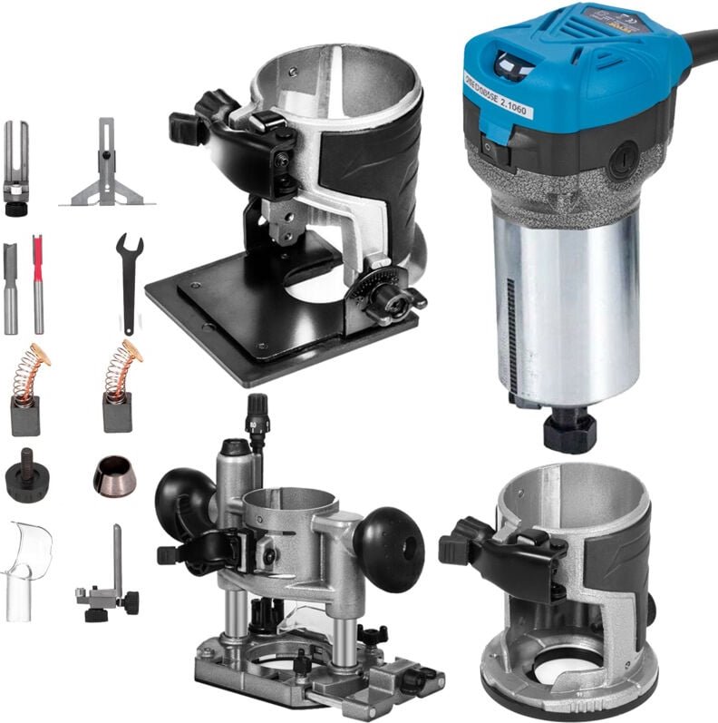 Holzfräse Oberfräse 710 w, Kompakter Holzfräse mit 3 Basen, 10000-30000 U/min Kantenfräse, 1/4' & 3/8' Multifunktionsfrä...