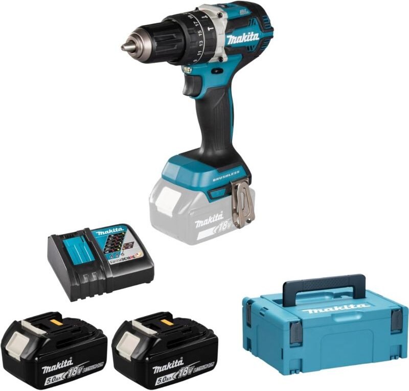 Schlagbohrmaschine 18 v Li-Ion 5 Ah ø 13 mm Makita 2 Akkus, Ladegerät, Koffer - DHP484RTJ