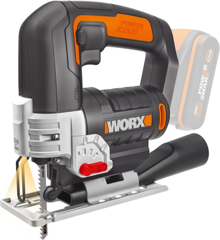 WORX WX543.9 Akku-Pendelhub-Stichsäge – Profi Stichsäge mit Absaug-Adapter – Ideal auch für Gehrungsschnitte – PowerShar...
